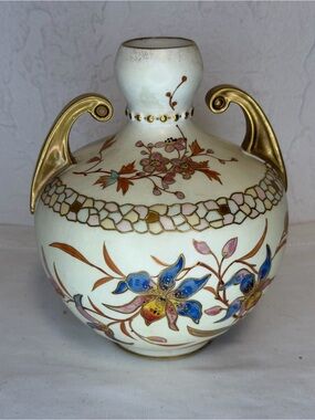 Pointons Stoke on Trent Ceramic Double-Handled Floral Vase Gold Trim Antique